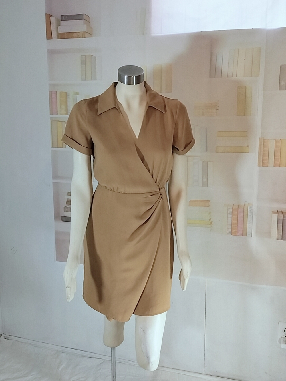 Nine West Tan Wrap Mini Dress with Short Sleeves